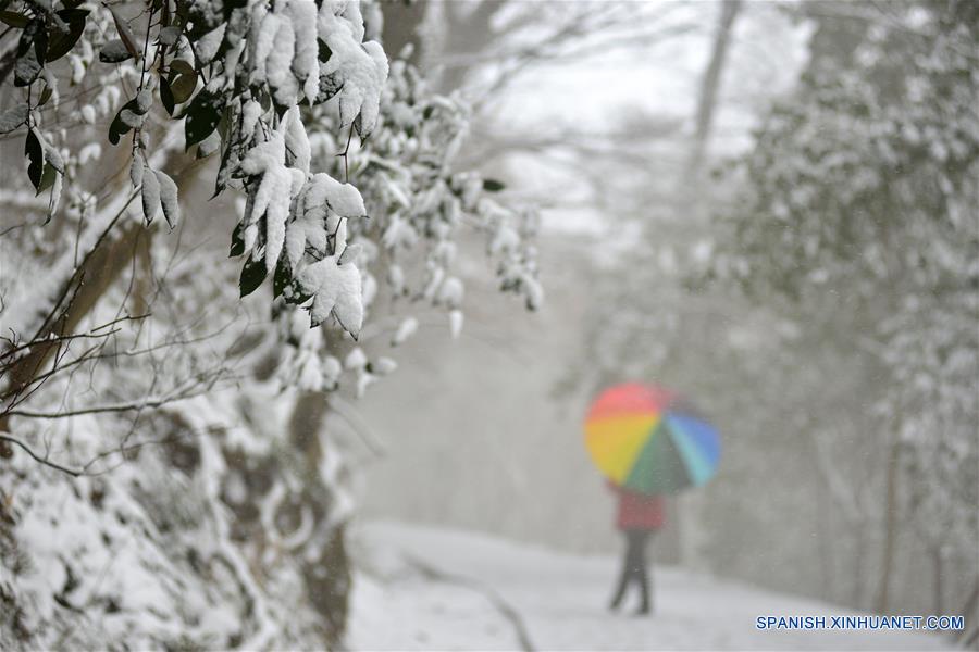 Una mujer escala una monta?a en la nieve en Nanjing, capital de la provincia de Jiangsu, este de China, enero 22, 2016.