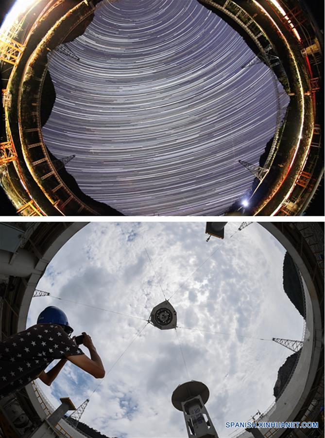 GUIZHOU, julio 3, 2016 (Xinhua) -- Imagen combinada del cielo desde la cabina de la fuente de retroalimentación del Telescopio de Apertura Esférica de 500 metros o "FAST", en el condado de Pingtang, provincia de Guizhou, en el suroeste de China, tomada el 21 de agosto de 2014 (arriba) y el 28 de junio de 2016 (abajo). La instalación del mayor radiotelescopio del mundo finalizó el domingo por la ma?ana después de que la última pieza de los 4,450 paneles se fijara en el centro del enorme reflector. El proyecto cuenta con el potencial de rastrear más objetos extra?os para entender mejor el origen del universo e impulsar la búsqueda global de vida extraterrestre. (Xinhua/Ou Dongqu)