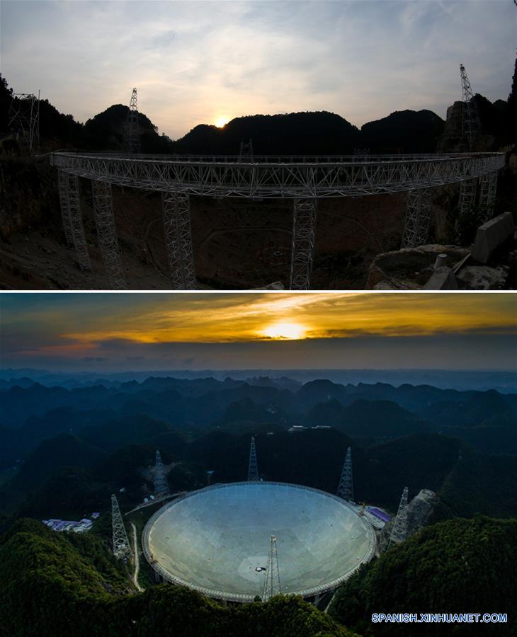 GUIZHOU, julio 3, 2016 (Xinhua) -- Imagen combinada del amanecer en el Telescopio de Apertura Esférica de 500 metros o "FAST", en el condado de Pingtang, provincia de Guizhou, en el suroeste de China, tomada el 24 de julio de 2014 (arriba) (Imagen proporcionada por el Observatorio Astronómico Nacional de la Academia China de Ciencias), y una imagen del "FAST" casi terminado del 27 de junio de 2016 (abajo) (Imagen de Ou Dongqu, reportero gráfico de Xinhua). La instalación del mayor radiotelescopio del mundo finalizó el domingo por la ma?ana después de que la última pieza de los 4,450 paneles se fijara en el centro del enorme reflector. El proyecto cuenta con el potencial de rastrear más objetos extra?os para entender mejor el origen del universo e impulsar la búsqueda global de vida extraterrestre. (Xinhua/Str)