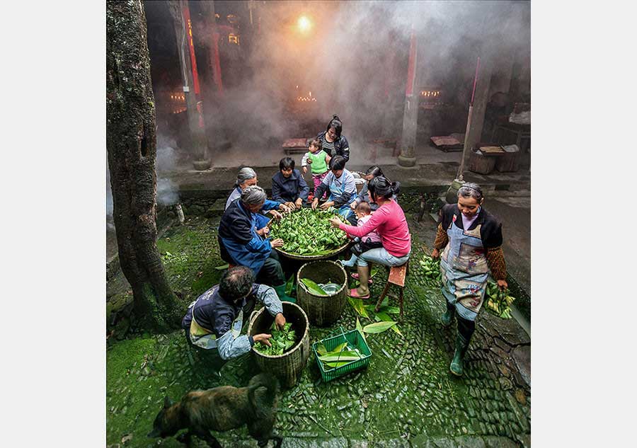 Los ancianos preparan zongzi, un aperitivo en forma de pirámide hecho de bola de arroz glutinoso relleno y envuelto en hojas de bambú o ca?a, durante el Festival del Bote de Dragón. Foto de Zhang Yougang. [Foto proporcionada por photoint.net]