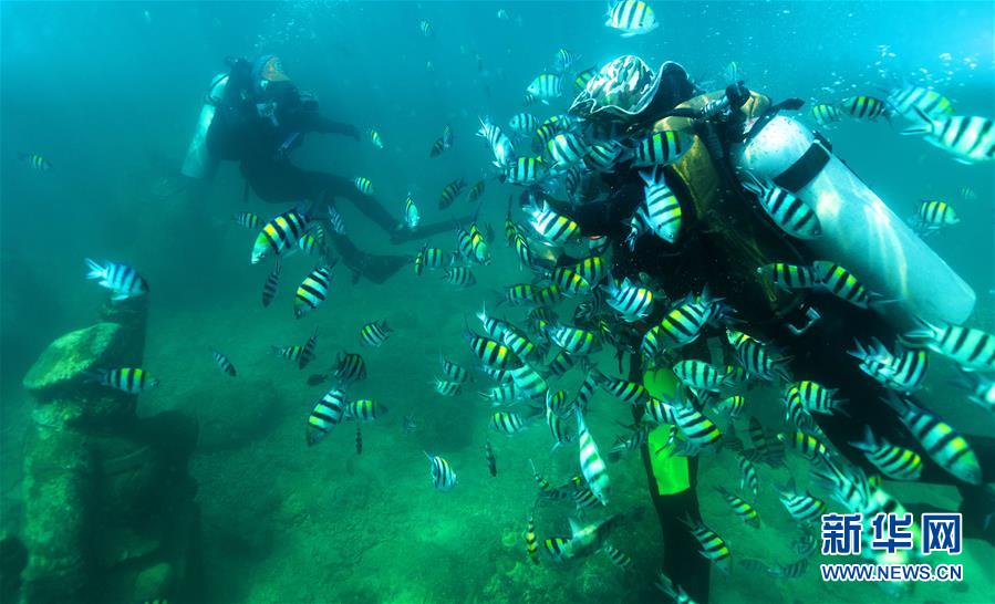 Los buceadores se sumergen en la costa de la provincia de Hainan, en el sur de China, el 1 de mayo de 2017. [Foto / Xinhua]