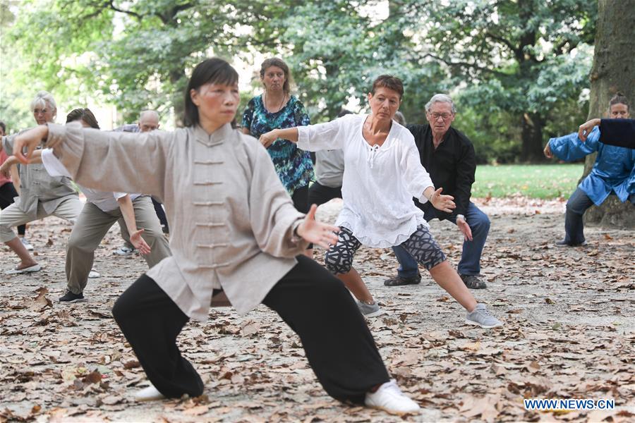 Personas aprenden Tai Chi en el Parque del Cincuentenario en Bélgica