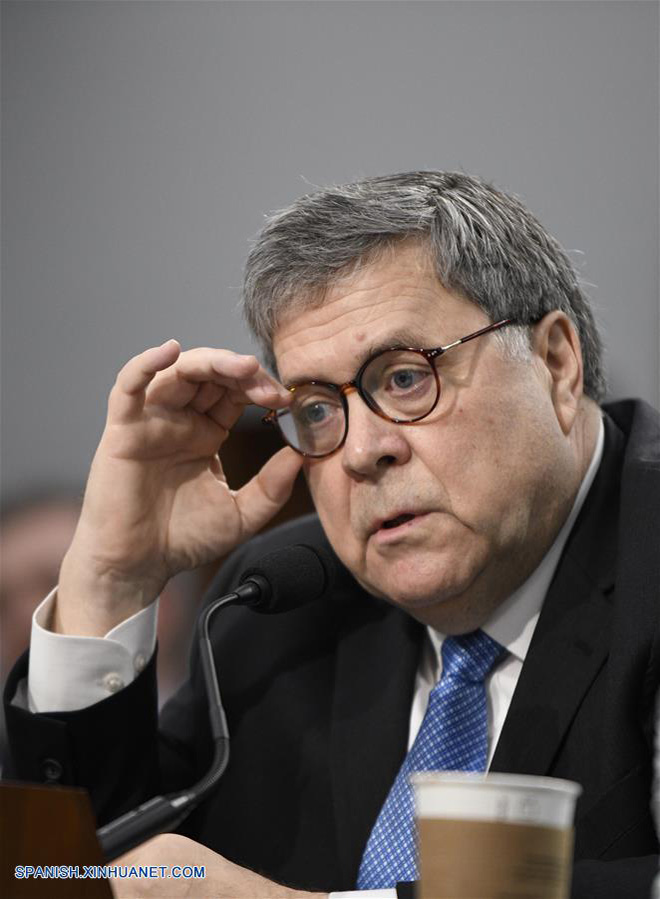 Imagen del 9 de abril de 2019, del fiscal general estadounidense William Barr, testificando ante el Subcomité de Comercio, Justicia, Ciencia y Agencias Relacionadas, en Washington D.C., Estados Unidos. El Departamento de Justicia de Estados Unidos publicó el jueves una versión editada del informe de investigación del fiscal especial Robert Mueller sobre la presunta intervención rusa. (Xinhua/Liu Jie)