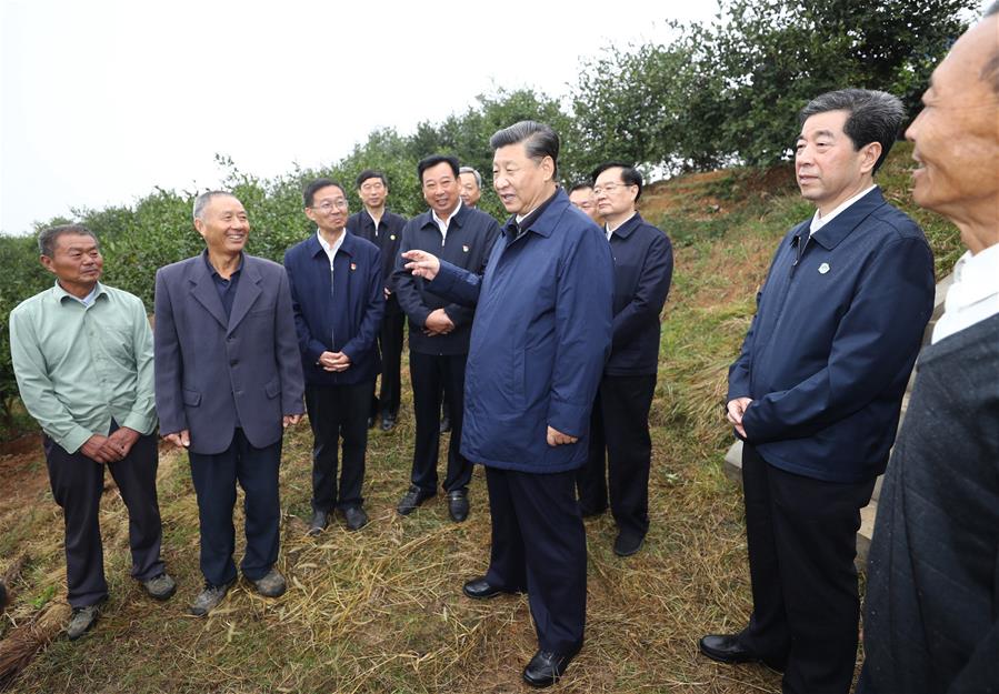 El presidente chino, Xi Jinping, también secretario general del Comité Central del Partido Comunista de China y presidente de la Comisión Militar Central, conversa con agricultores locales mientras visita una plantación de té, en el distrito Guangshan, en la provincia central china de Henan, el 17 de septiembre de 2019. Xi inspeccionó el martes el trabajo de alivio de la pobreza durante su gira a Guangshan, en Henan. (Xinhua/Ju Peng)