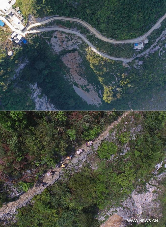 La foto combinada muestra varias carreteras finalizadas (arriba, 11 de noviembre de 2019) y a los aldeanos que regresan a casa caminando por las monta?as (abajo, 15 de abril de 2016) en la aldea Bahao del condado autónomo Yao de Dahua, en la región autónoma Zhuang de Guangxi, al sur de China. 