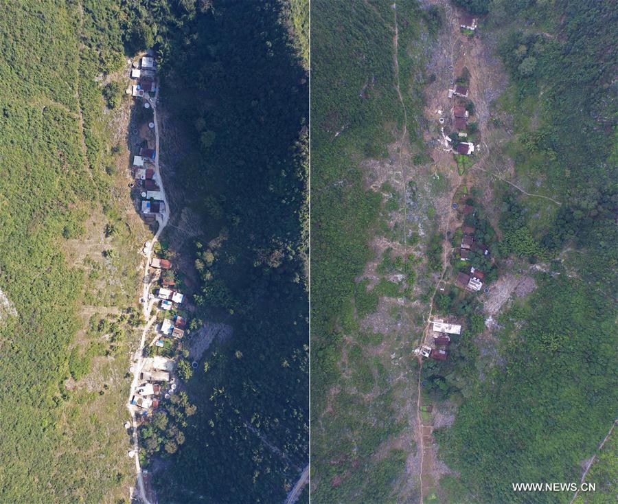 La foto combinada muestra una carretera finalizada junto a las casas (izquierda, 11 de noviembre de 2019) y el mismo lugar sin carretera (derecha, 3 de noviembre de 2015) en la aldea Bahao del condado autónomo Yao de Dahua, en la región autónoma Zhuang de Guangxi, al sur de China. 