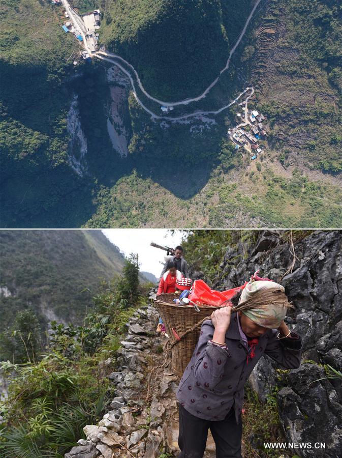 La foto combinada muestra varias carreteras finalizadas (arriba, 11 de noviembre de 2019) y a los aldeanos que regresan a casa caminando por las monta?as (abajo, 26 de febrero de 2016) en la aldea Bahao del condado autónomo Yao de Dahua, en la región autónoma Zhuang de Guangxi, al sur de China.