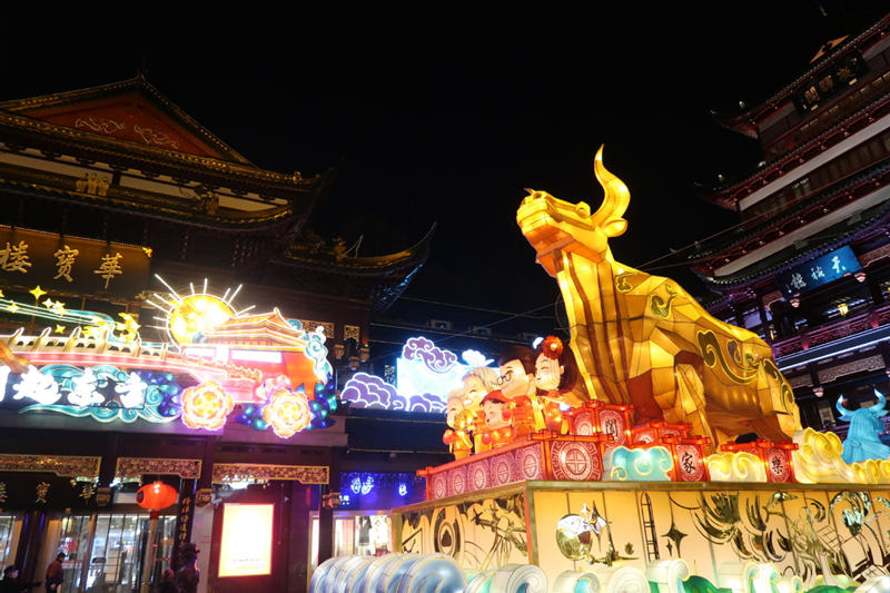 En la plaza principal del Jardín Yuyuan se han instalado obras alegóricas a la figura del buey, animal del zodíaco chino que regirá durante el próximo a?o lunar, Shanghai, 28 de enero del 2021. [Foto: Xing Yi/ China Daily]