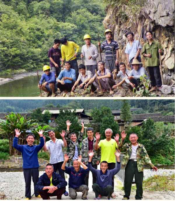 En 2001, Li Zhengguang (foto superior), miembro del Partido Comunista de China y residente en la aldea Liangwang, condado Rongjiang, provincia de Guizhou, lidera un grupo de obreros durante la construcción de carreteras en la zona. Los mismos obreros, En el 2020, después del fallecimiento de Li. [Foto: Li Yong/ China Daily]