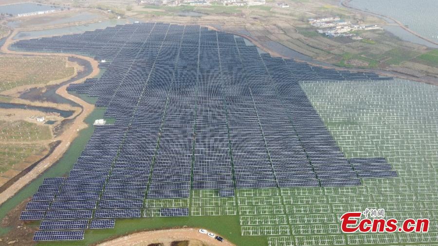 Proyecto sinérgico de recursos pesqueros y energía fotovoltaica actualmente en construcción en Anhui, China, 9 de marzo del 2021. (Foto: Servicio de Noticias de China)