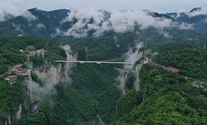 Maravilloso puente de cristal entre océanos de nubes