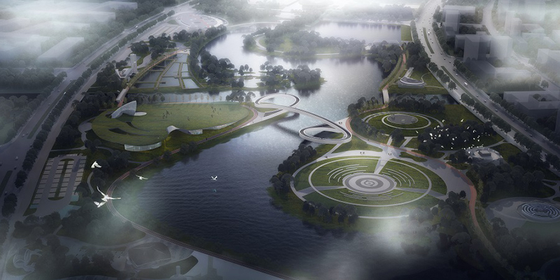 Descrito como el parque de esponjas más grande de la ciudad que reutiliza el agua de lluvia, el nuevo parque del área Especial de Lingang en la Nueva área de Pudong de Shanghai estará abierto al público de forma gratuita este mes. [Foto proporcionada a chinadaily.com.cn]