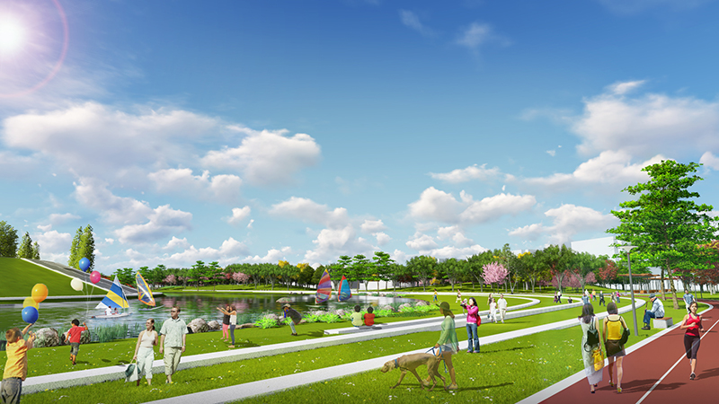 Descrito como el parque de esponjas más grande de la ciudad que reutiliza el agua de lluvia, el nuevo parque del área Especial de Lingang en la Nueva área de Pudong de Shanghai estará abierto al público de forma gratuita este mes. [Foto proporcionada a chinadaily.com.cn]