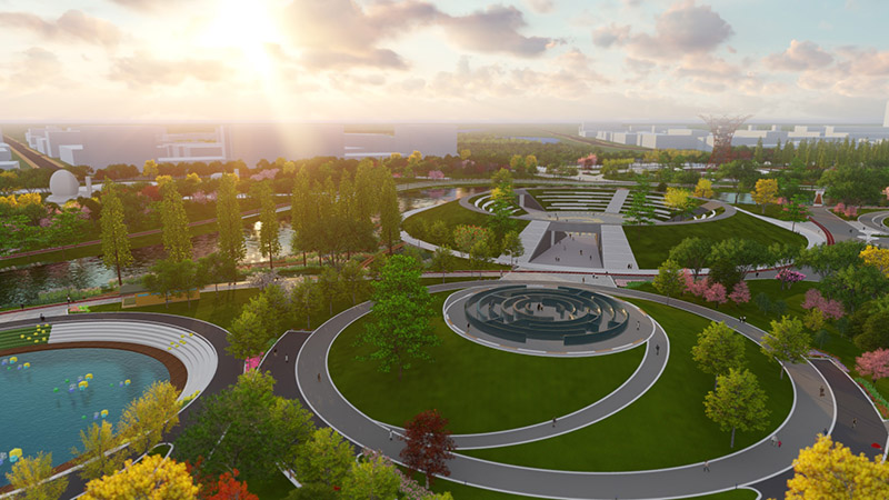 Descrito como el parque de esponjas más grande de la ciudad que reutiliza el agua de lluvia, el nuevo parque del área Especial de Lingang en la Nueva área de Pudong de Shanghai estará abierto al público de forma gratuita este mes. [Foto proporcionada a chinadaily.com.cn]