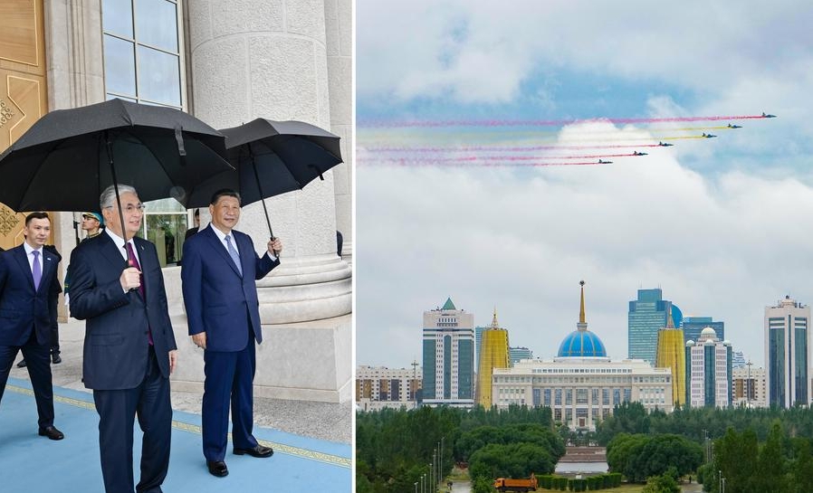 En esta imagen combinada, seis aviones de combate kazajos pintan el cielo con estelas de humo de colores rojo y amarillo, los colores de la bandera nacional china, mientras sobrevuelan el palacio presidencial kazajo para dar la bienvenida al visitante presidente chino, Xi Jinping, en Astaná, Kazajistán, el 3 de julio de 2024. Xi mantuvo el miércoles conversaciones con el presidente kazajo, Kassym-Jomart Tokayev en el palacio presidencial en Astaná. (Xinhua/Wang Jianhua, Yin Bogu)